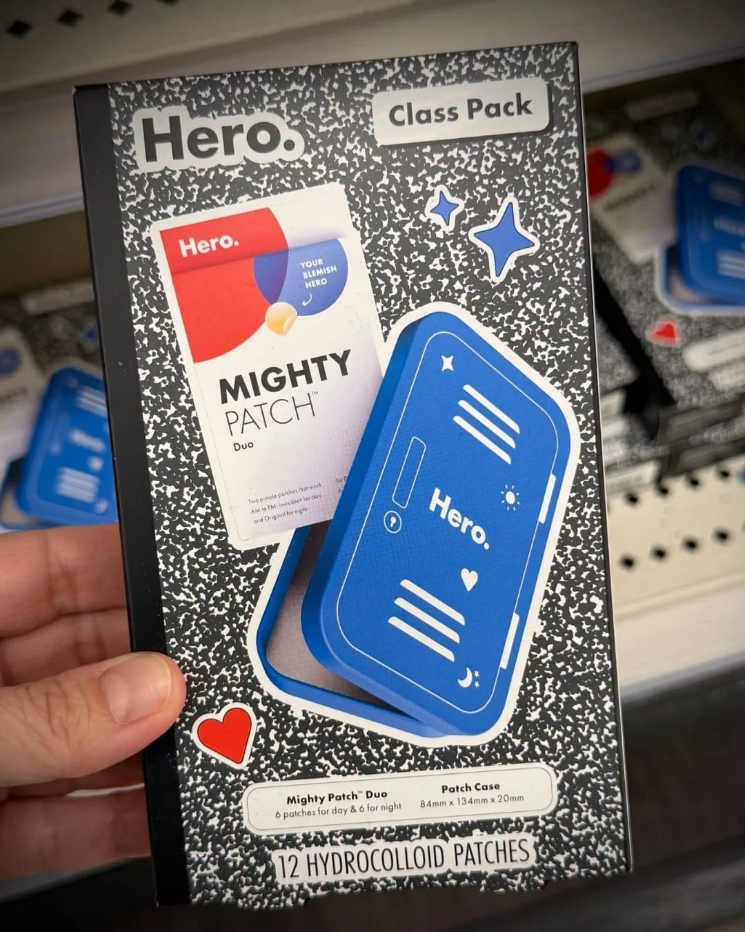 Hero Mighty Patch Class Pack with hydrocolloid acne patches and a blue locker-style patch case in retail packaging