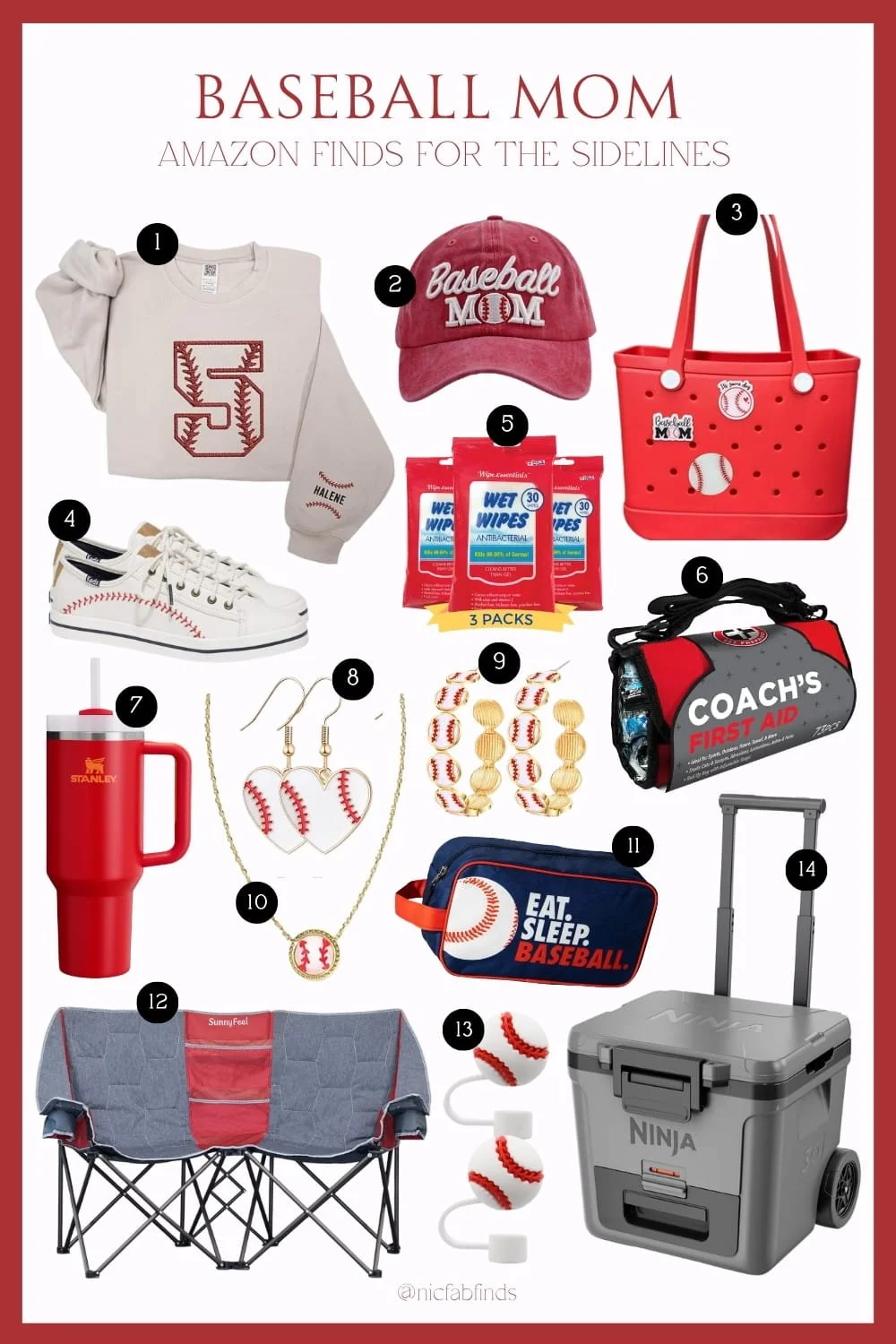 Baseball mom sideline essentials with game day gear including tote bag, cap, tumbler, chair, cooler, and baseball-themed accessories.