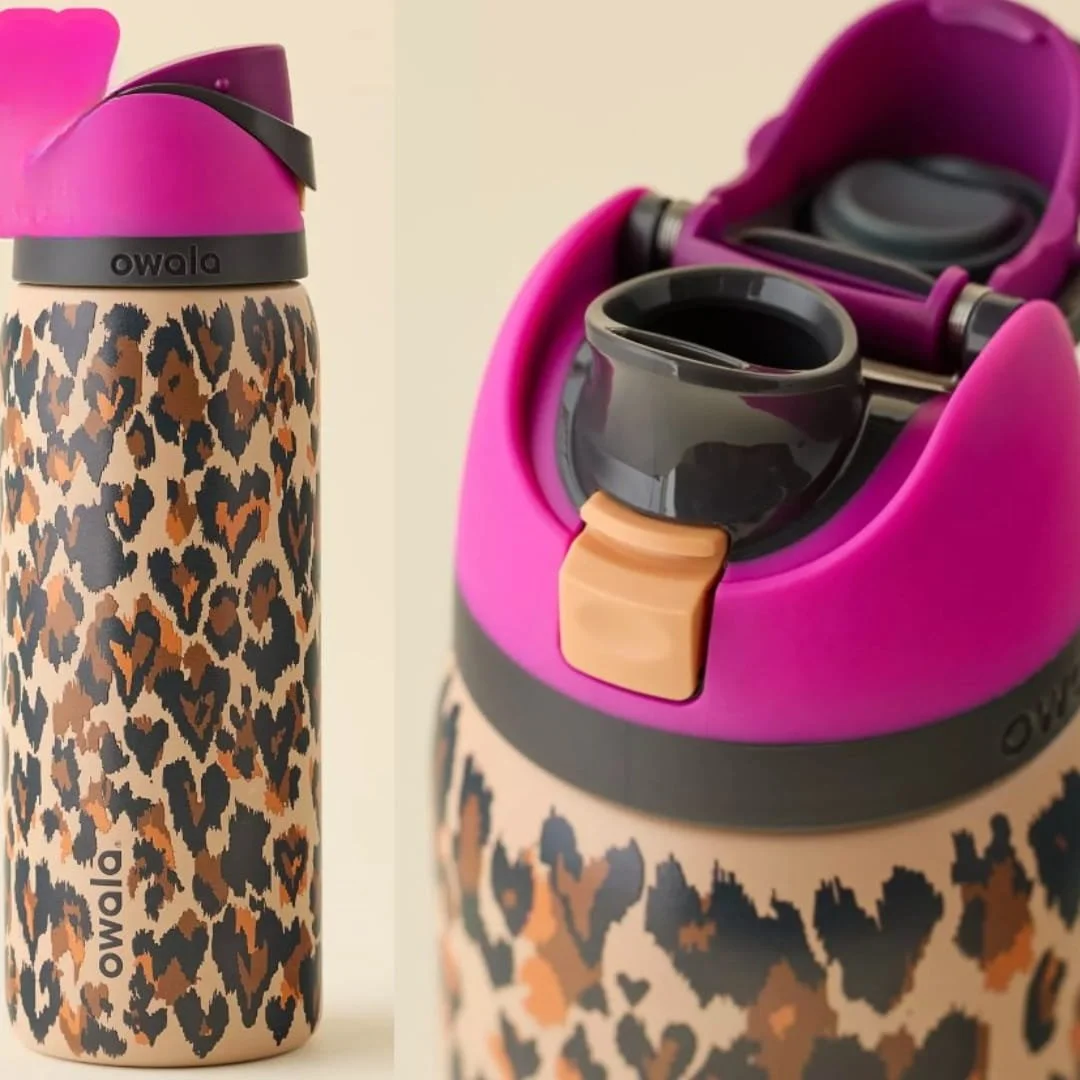 Owala FreeSip water bottle with a leopard-print body, colorful magenta and purple lid, and dual drinking spout, shown in a full product view and a close-up of the lid mechanism.