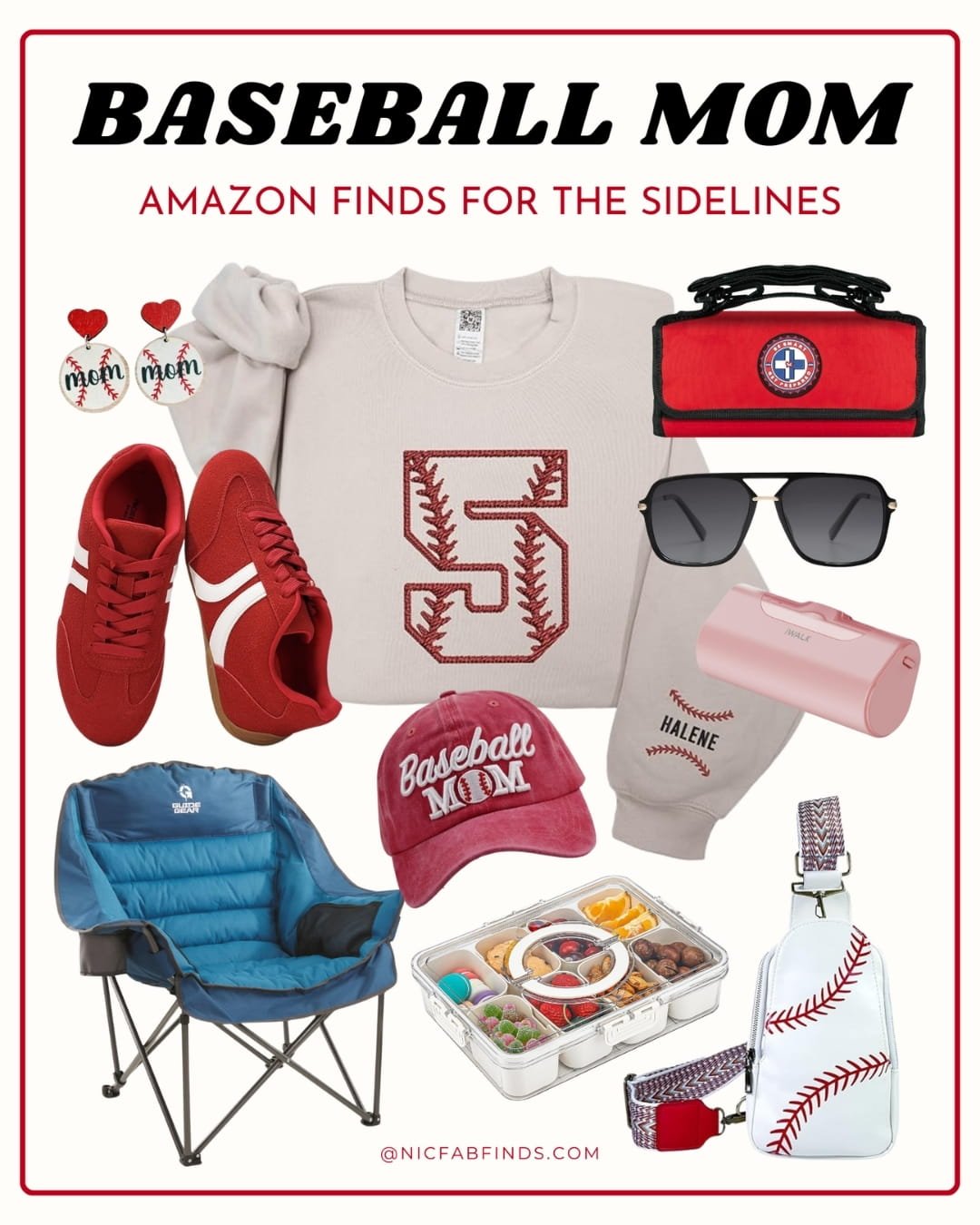 Baseball mom Amazon finds graphic with sideline essentials including sweatshirt, chair, cap, sneakers, sling bag, and snack box