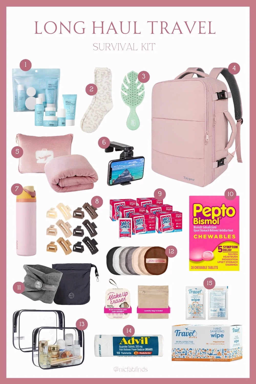 Long haul travel survival kit featuring 15 essential items, including skincare, neck pillow, hand sanitizing wipes, Pepto Bismol, Advil, reusable makeup remover pads, and a travel backpack, arranged on a pink background.
