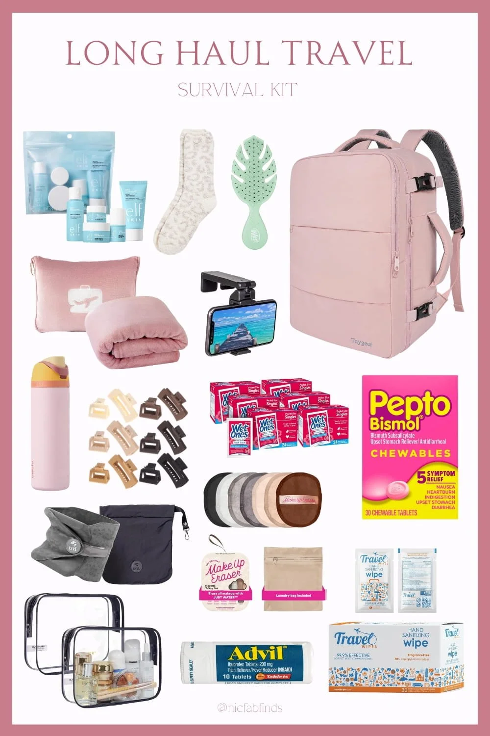 Long haul travel survival kit featuring essentials like a pink backpack, skincare products, sanitizing wipes, neck pillow, reusable makeup removers, and comfort items.