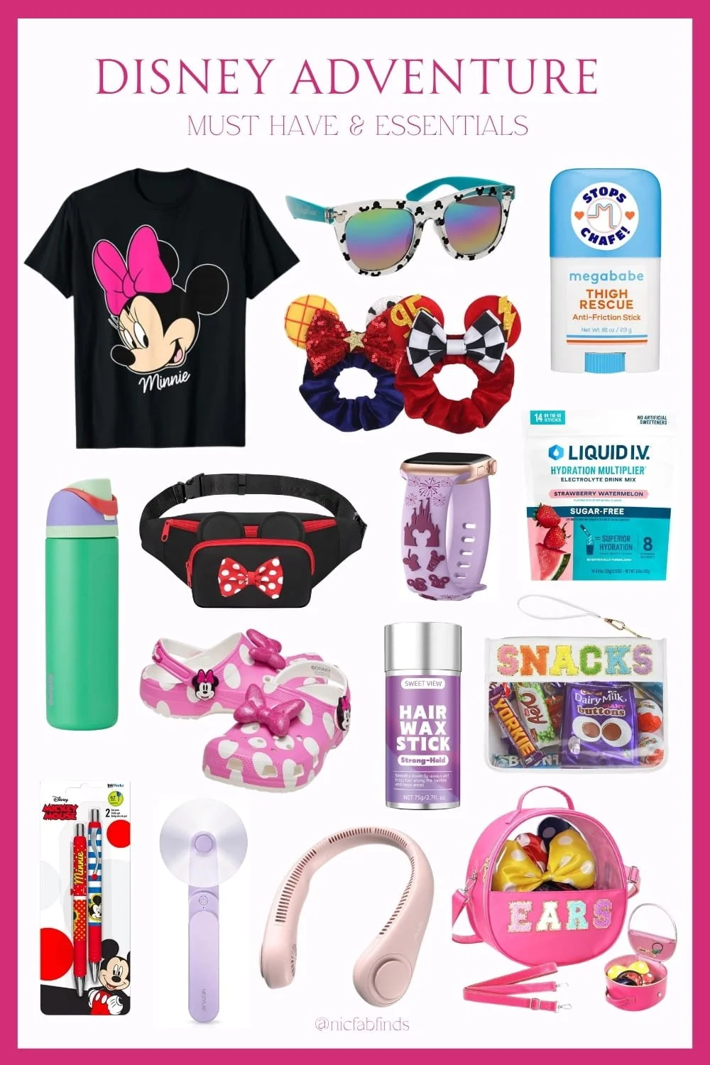Disney adventure essentials: stylish outfits, hydration, comfort gear, and fun accessories to keep you prepared and organized for a magical day at the parks.