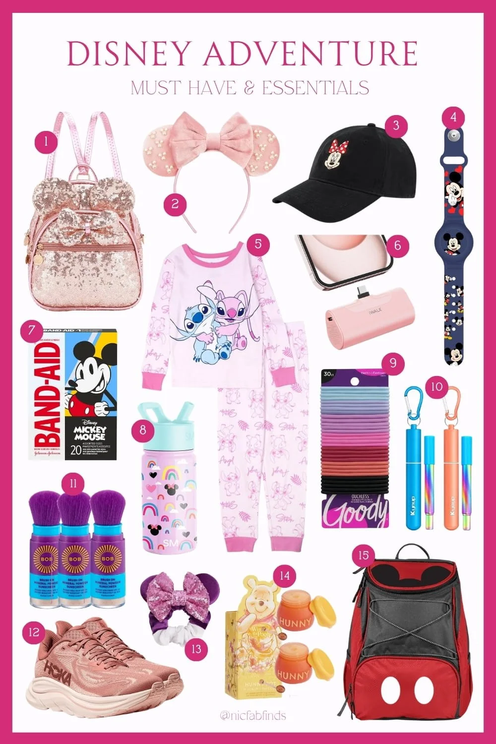 Disney trip essentials guide with themed park accessories, comfy sneakers, sunscreen, water bottle, power bank, and character bags