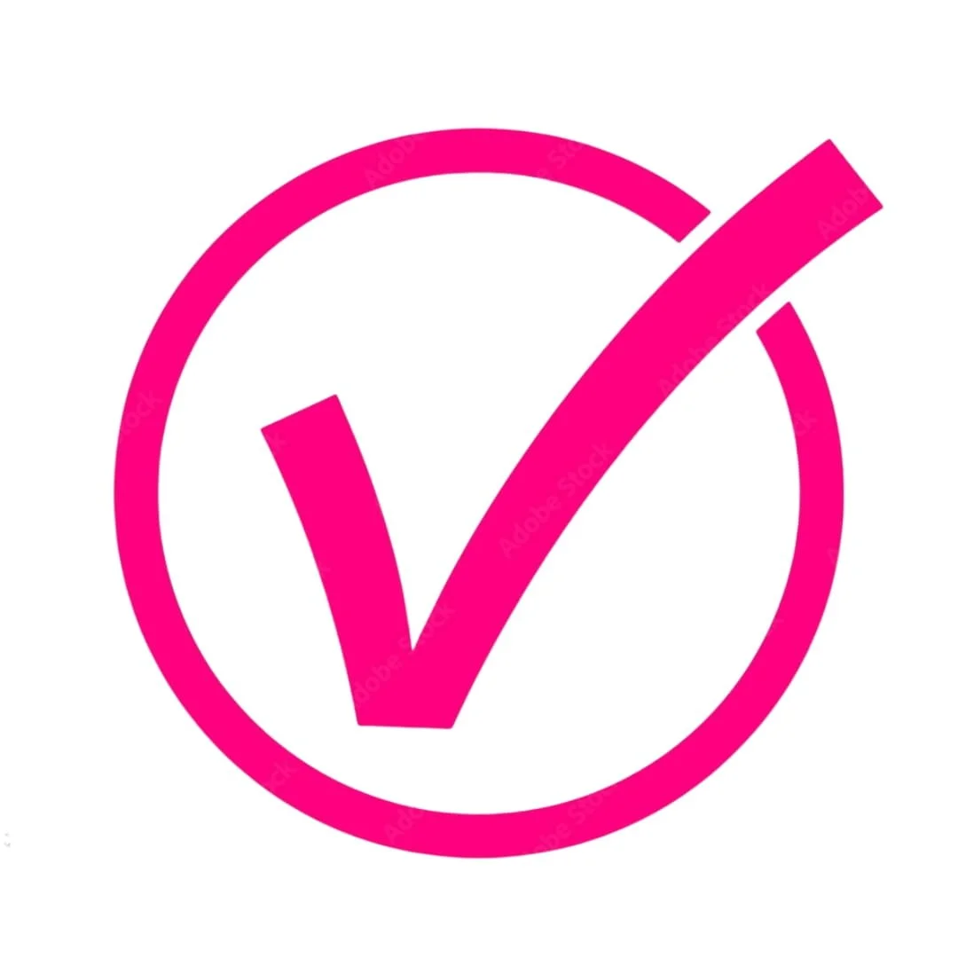 Bright pink checkmark enclosed in a matching pink circle on a white background, symbolizing affirmation or completion.