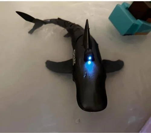 Remote-controlled dark toy shark with glowing blue lights on its back, floating in light-colored water, likely a bathtub, with a partially visible blue object in the background.