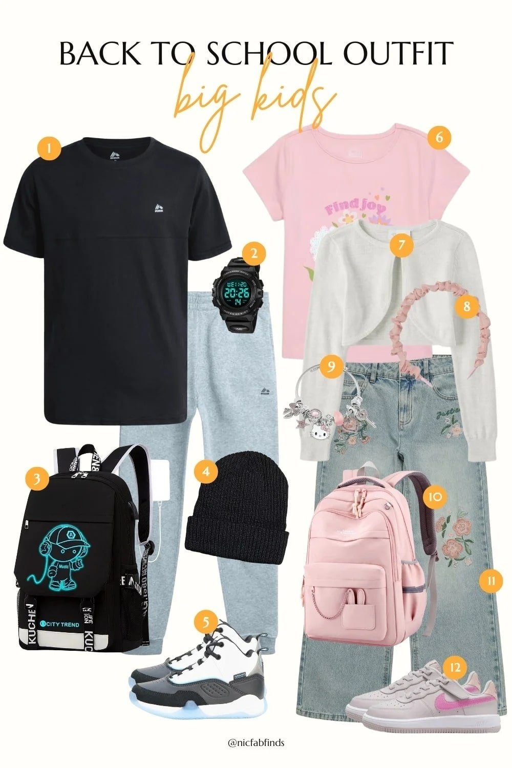 Back-to-school fashion guide for big kids, featuring a boy's black and grey outfit with a digital watch and a girl's pink and floral look with a headband.
