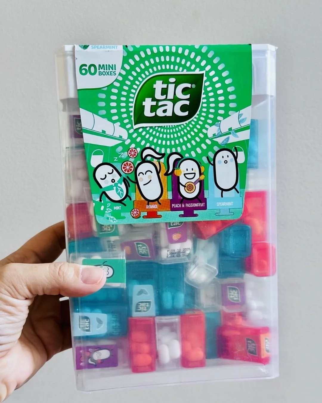 Tic Tac 60 mini boxes variety pack container with mint, orange, peach passionfruit, and spearmint flavors