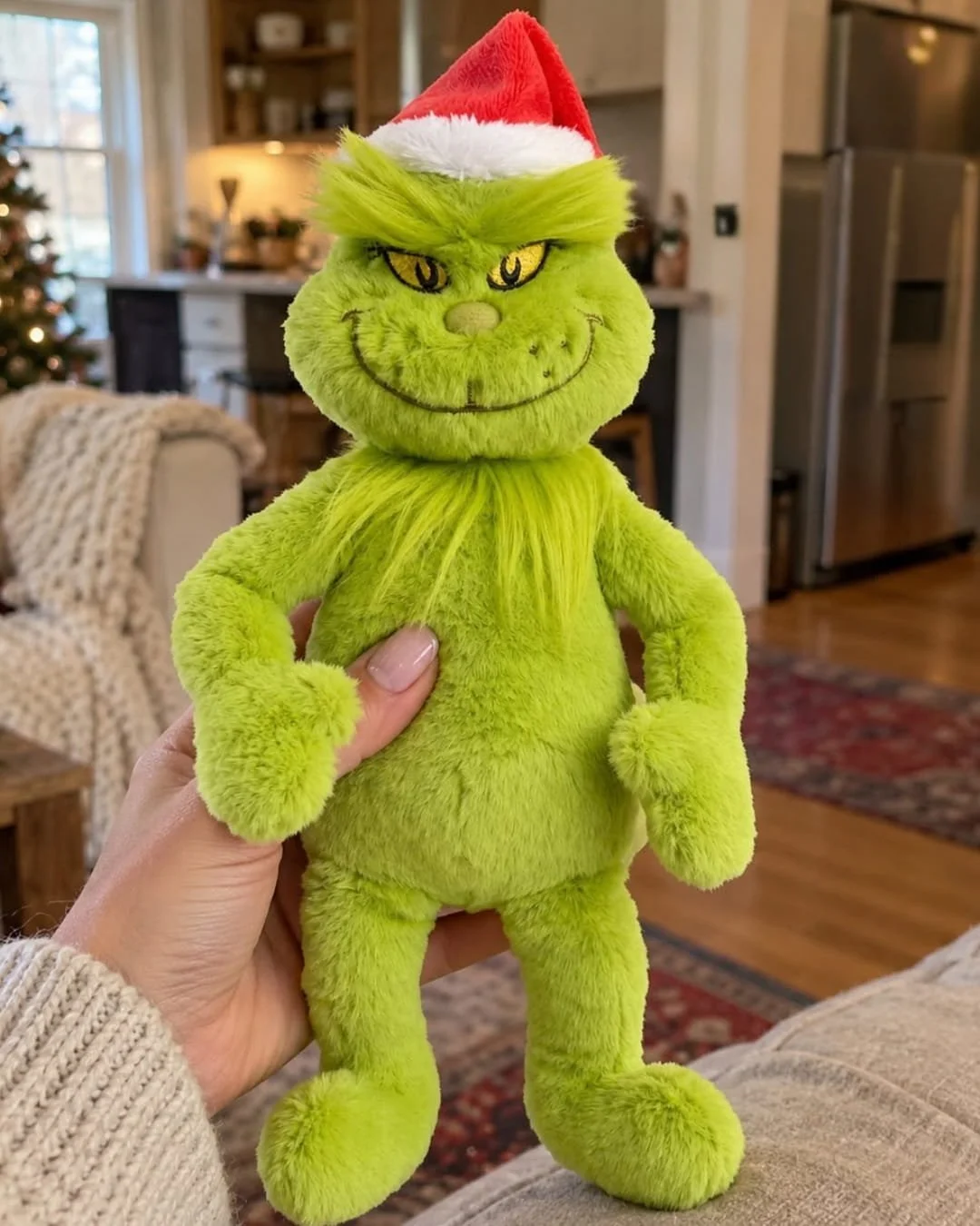 Hand holding a small Dr. Seuss Grinch plush toy wearing a Santa hat in a cozy holiday home setting