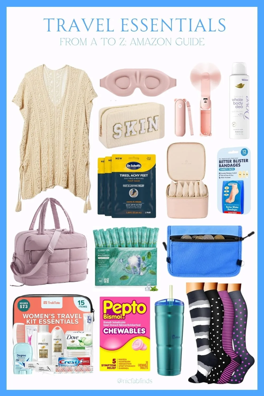 It presents a curated selection of Amazon travel essentials, including a crochet cover‑up, a pink sleep mask, a pouch labeled “SKIN,” a portable fan, Dove body deodorant spray, Dr. Scholl’s soothing foot masks, a beige jewelry case, blister bandages,