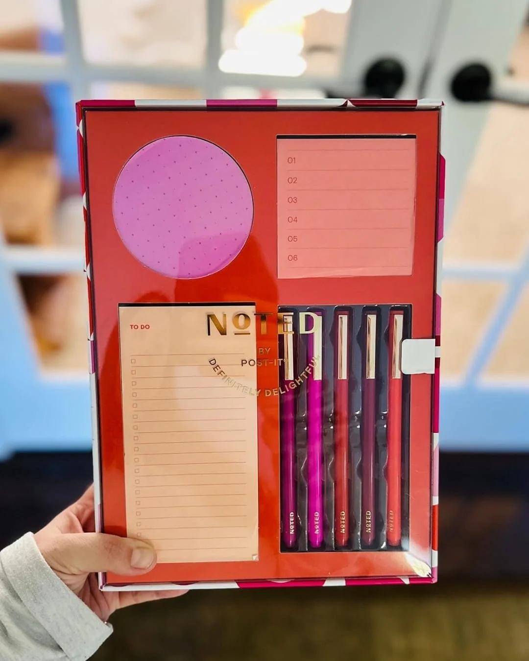 Noted by Post-it stationery gift set in a red box, featuring lilac, peach, and to-do list sticky notes, along with five felt-tip pens in coordinating colors