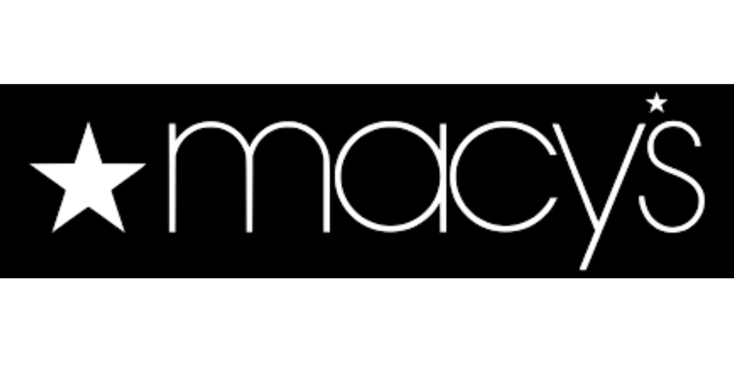 Macys logo featuring white lowercase text macys with a large white star to the left and a smaller star above the apostrophe, all set against a black rectangular background.