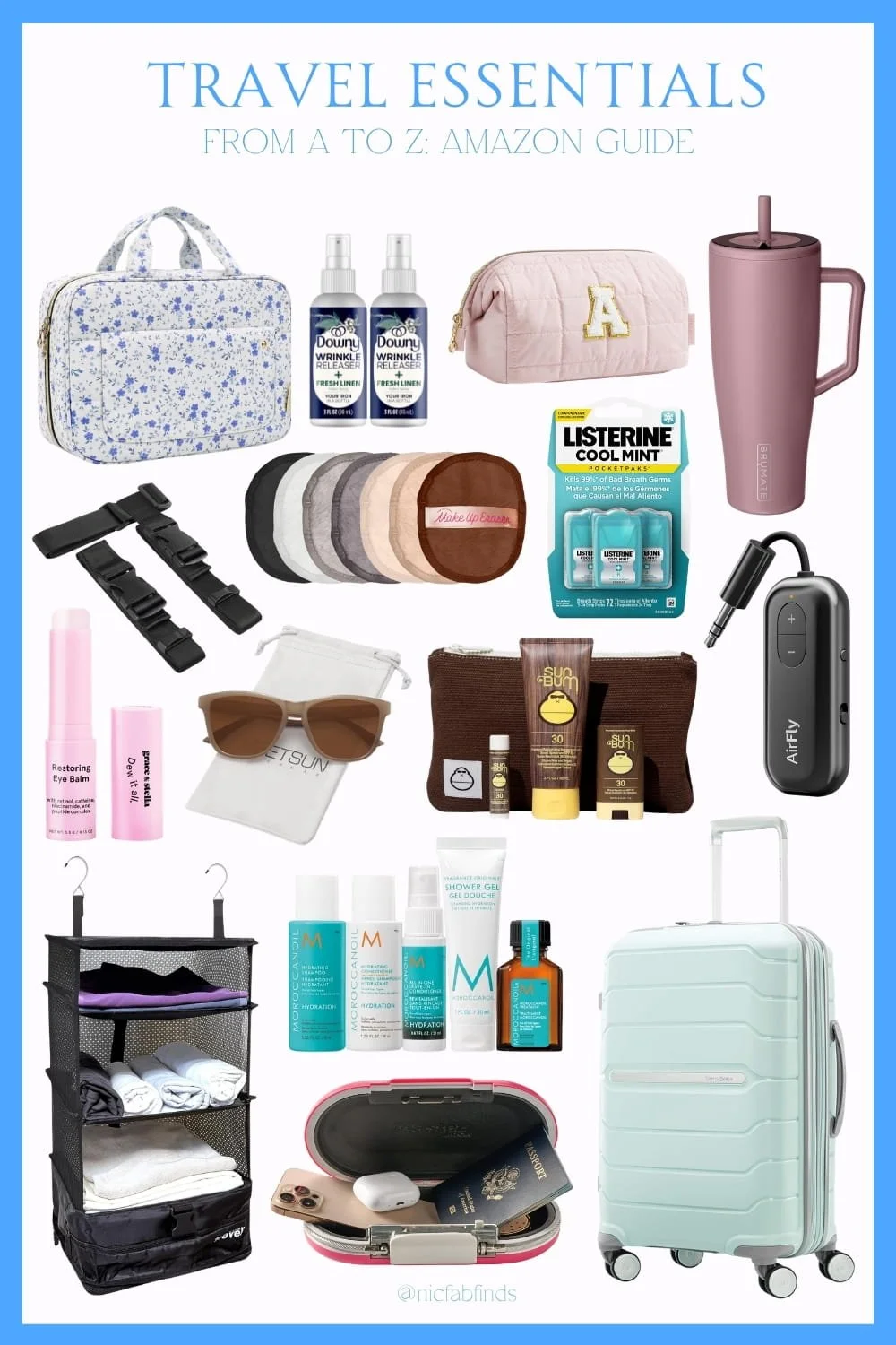 It features a curated selection of travel essentials, including toiletry and cosmetic bags, wrinkle-release spray, a travel tumbler, luggage straps, portable mouthwash, eye balm, sunglasses, sunscreen, an audio transmitter, a hanging organizer, trave