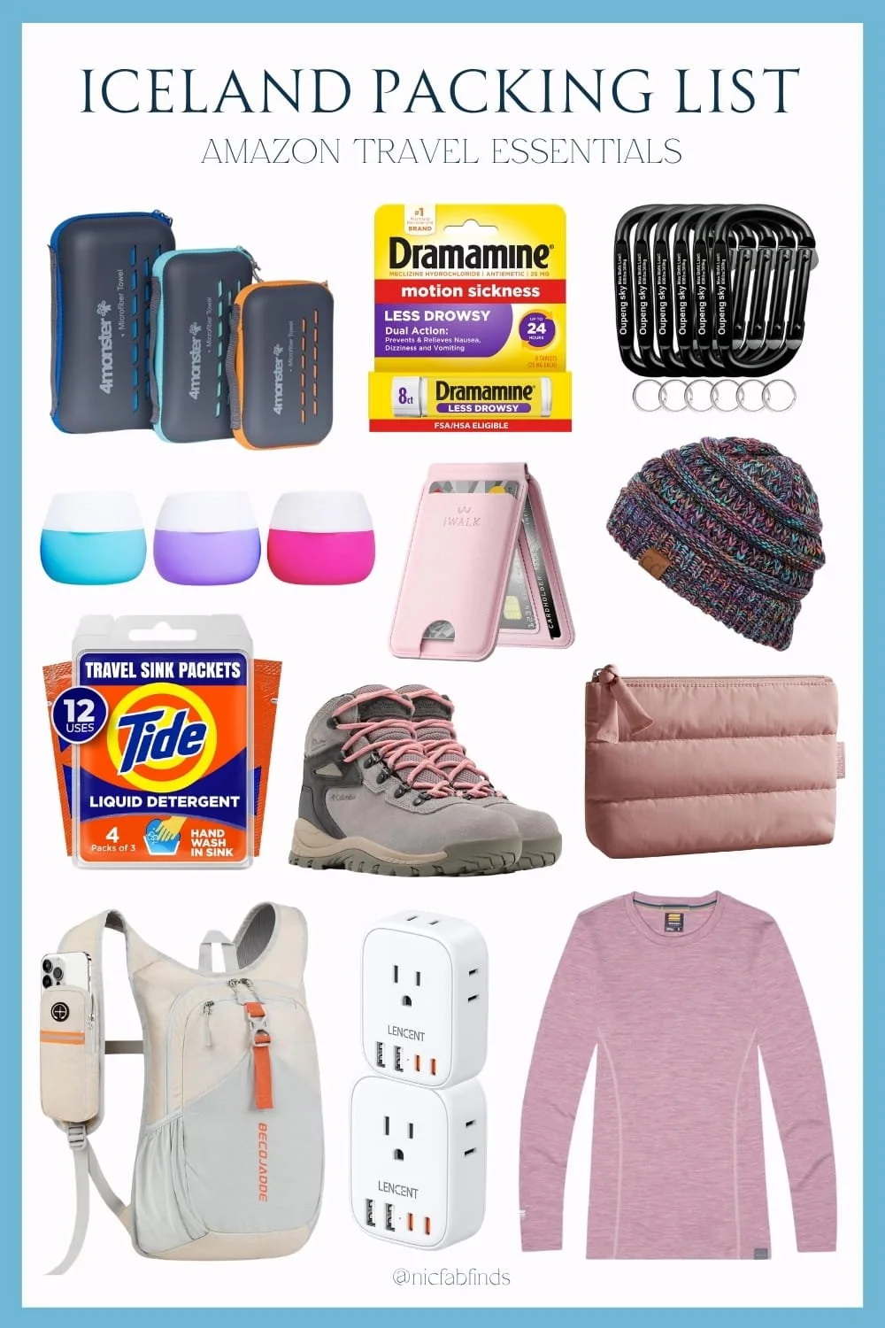 Iceland travel survival kit featuring must‑haves like colorful packing cubes, motion sickness tablets, collapsible cups, cozy beanie, hiking boots, and plug adapters—comfort and convenience for every adventure.
