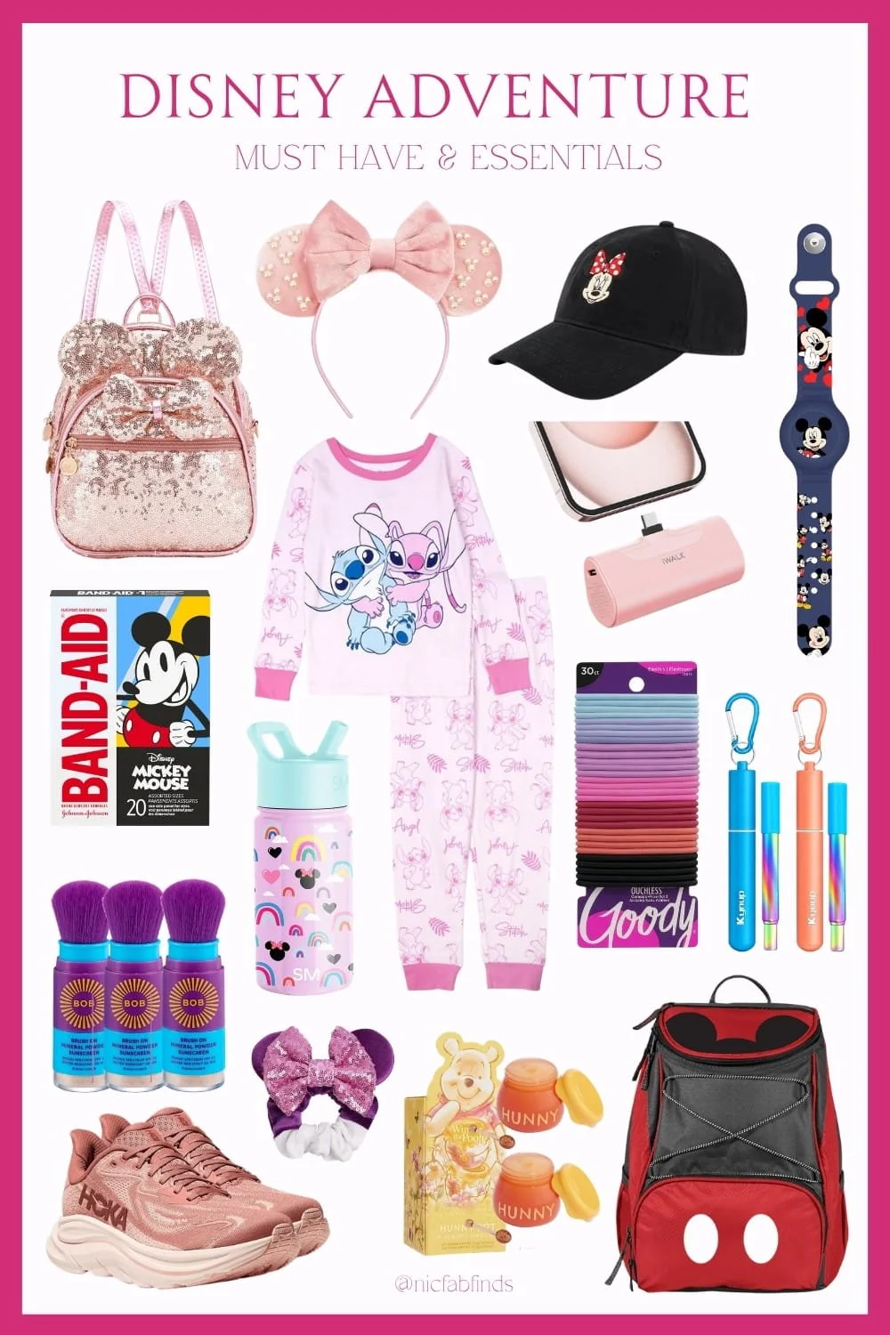 Disney adventure must‑haves: themed backpacks, Minnie ears, cozy pajamas, sneakers, portable chargers, and beauty essentials for a fun and organized park day.