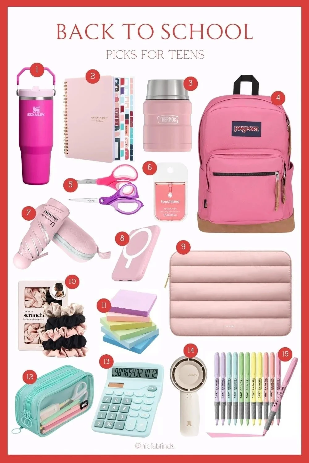 Stylish school supplies for teens, featuring a pink backpack, pastel pens, sticky notes, calculator, and a handheld fan.