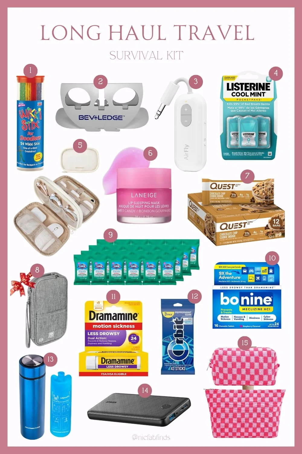 Flat lay of a long-haul travel survival kit featuring Amazon essentials like motion sickness medication, protein bars, Clorox wipes, Listerine strips, a power bank, travel organizers, and comfort items for long flights.