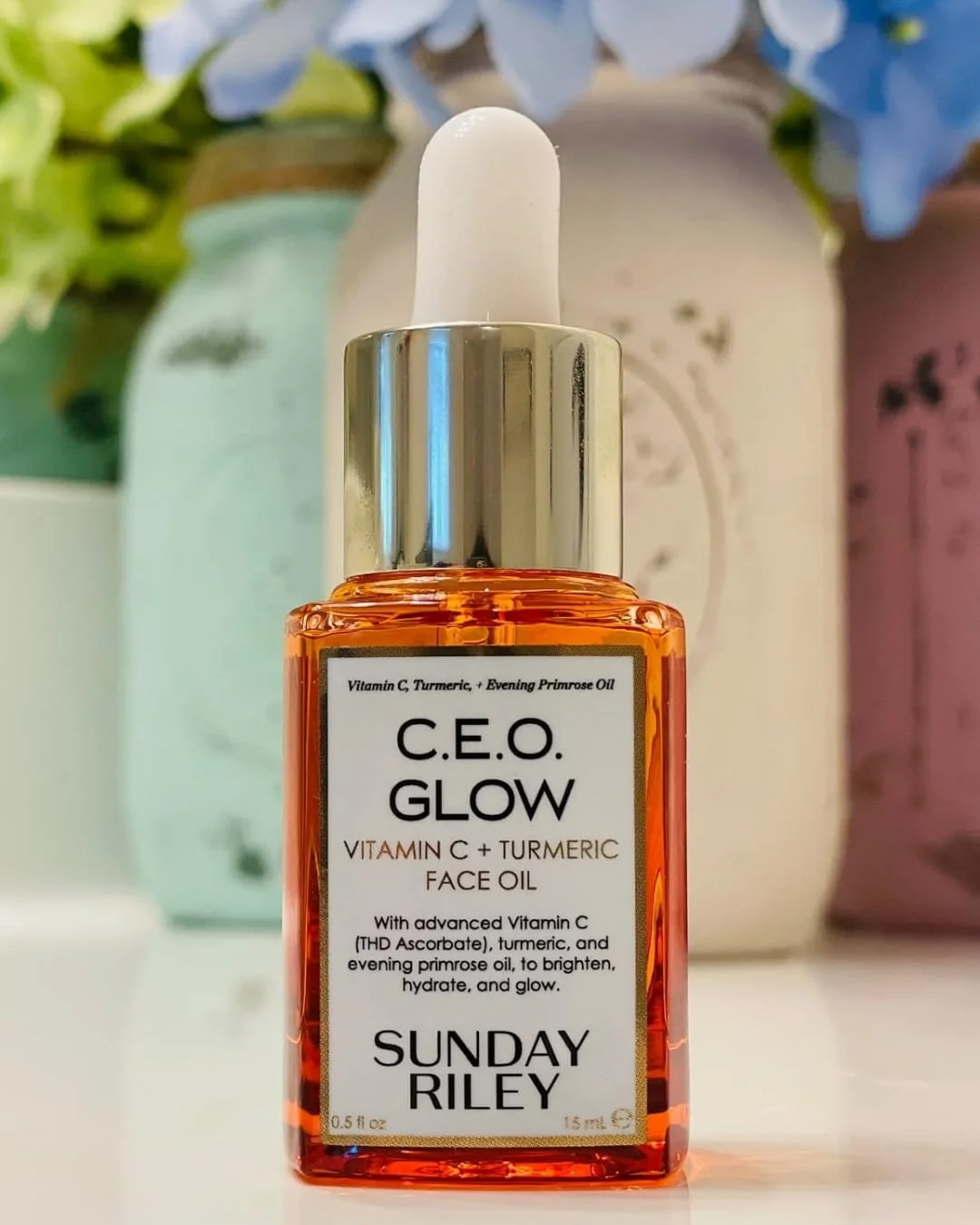 Sunday Riley C.E.O. Glow Vitamin C and turmeric face oil bottle on white countertop