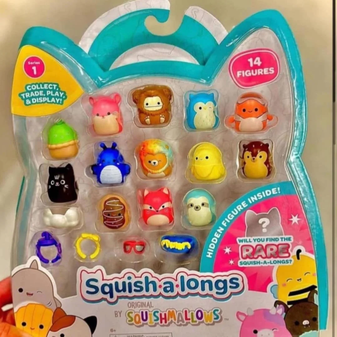 Squish-a-longs Mini-Squish collectible toy set by Squishmallows, featuring 14 colorful animal-themed figures and accessories in cat-shaped packaging with a hidden rare figure inside.