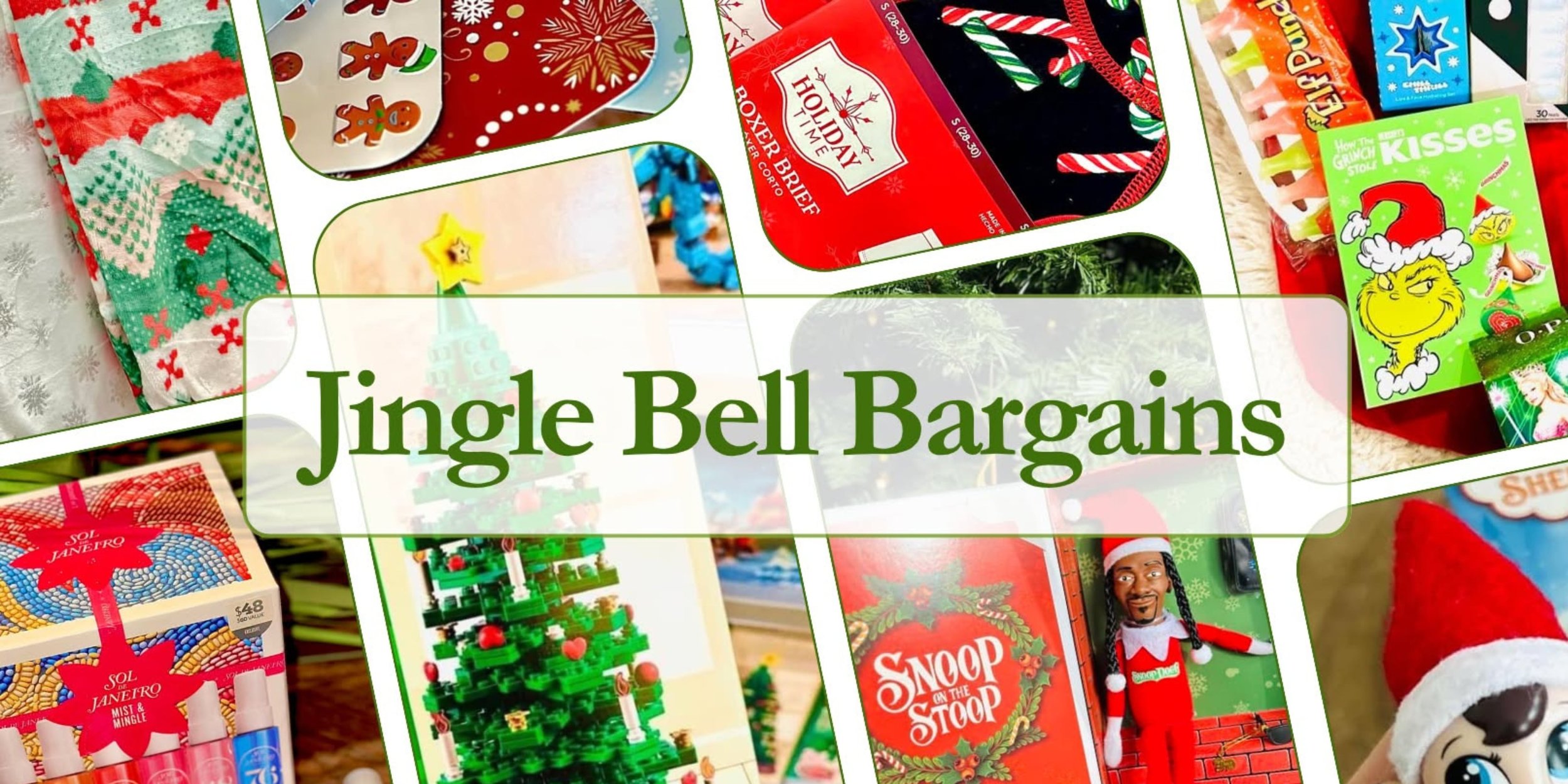 Festive collage promoting Jingle Bell Bargains, featuring Christmas-themed products like Sol de Janeiro gift sets, Grinch merchandise, Snoop on the Stoop doll, holiday boxer briefs, and decorative items, all framed in a vibrant holiday design.