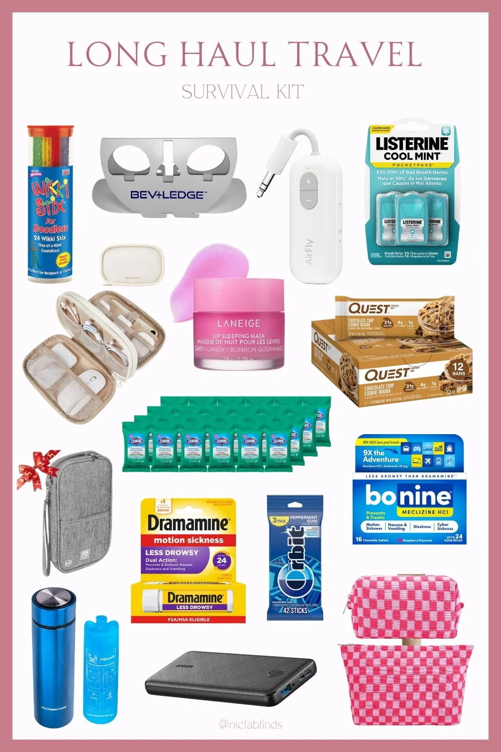 Long haul travel survival kit featuring essentials like Wikki Stix, Laneige Lip Sleeping Mask, Clorox wipes, Quest bars, motion sickness remedies, and travel organizers on a pink background.