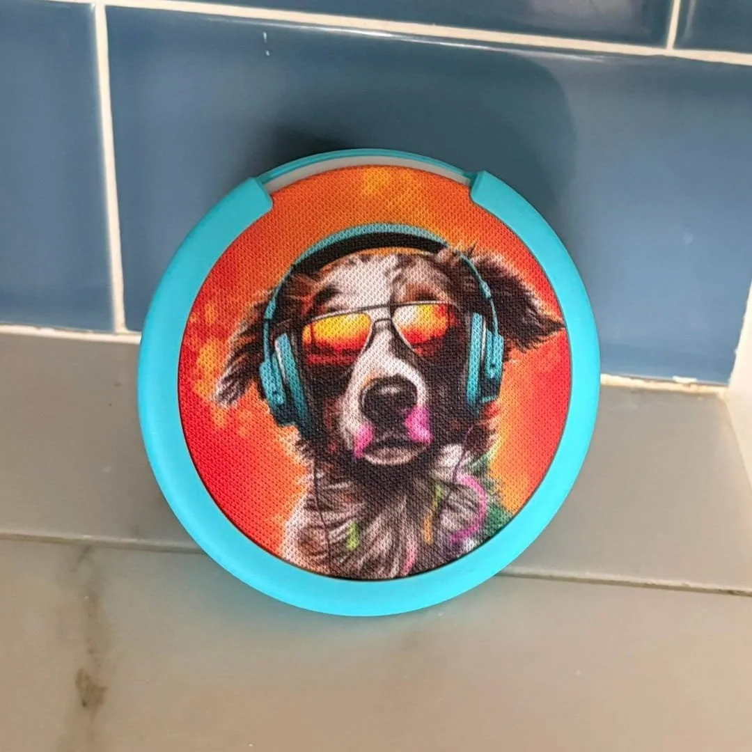 Amazon Echo Pop Kids speaker with colorful dog graphic, blue headphones, and sunglasses on front.