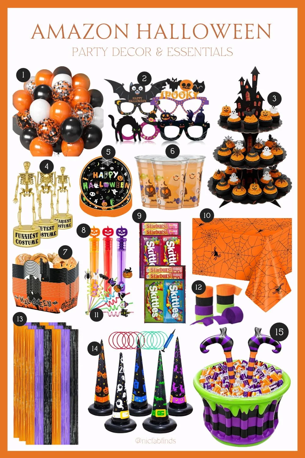 Halloween party decor collage featuring 15 Amazon finds including balloons, cupcake stand, plates, cups, candy, streamers, games, and party supplies
