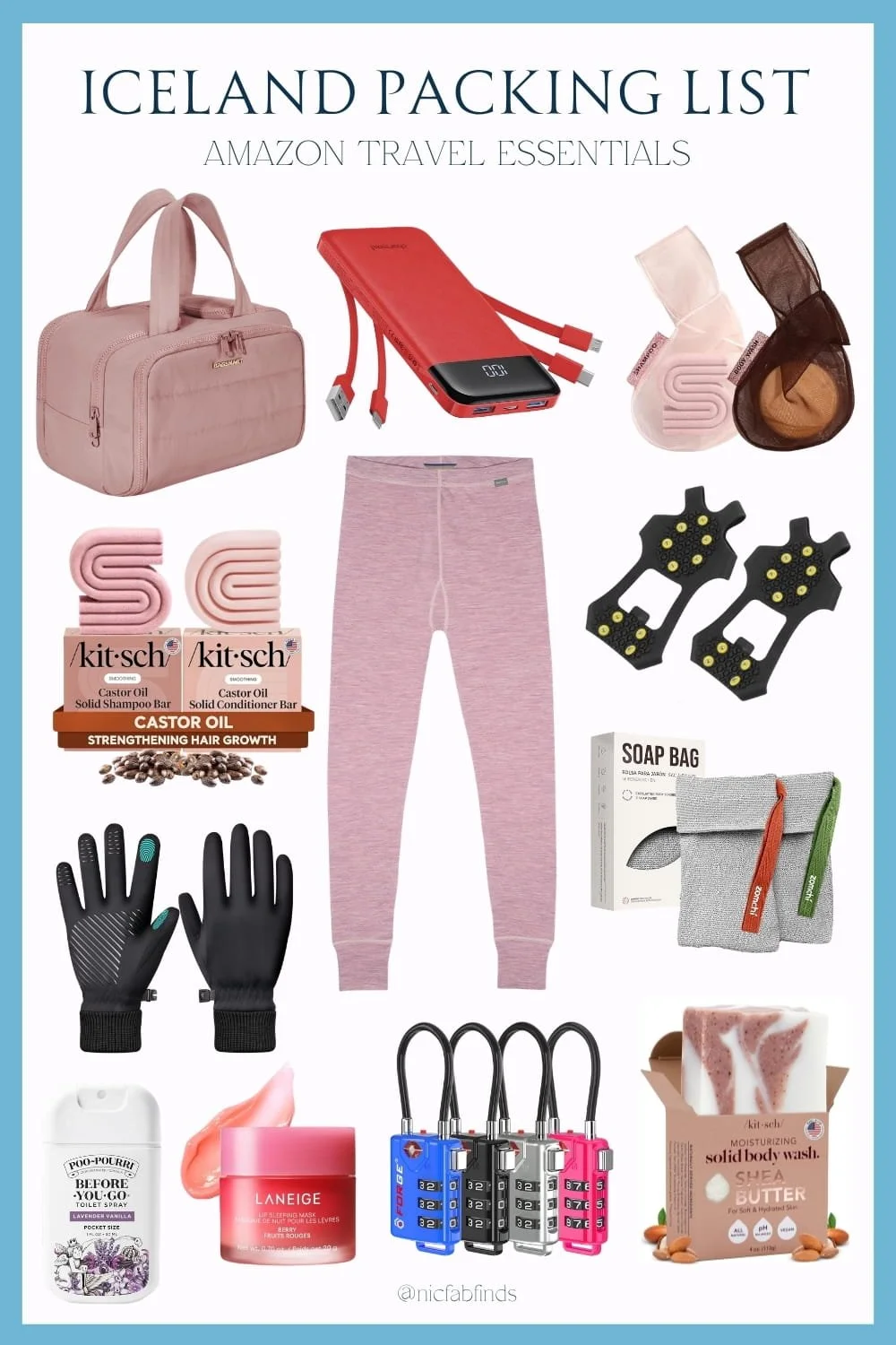 Cold‑weather travel survival kit featuring cozy thermal leggings, traction cleats, solid shampoo bars, lip mask, and even a pink duffel for easy packing. These little Amazon finds kept me comfortable, organized, and stress‑free while exploring Icelan