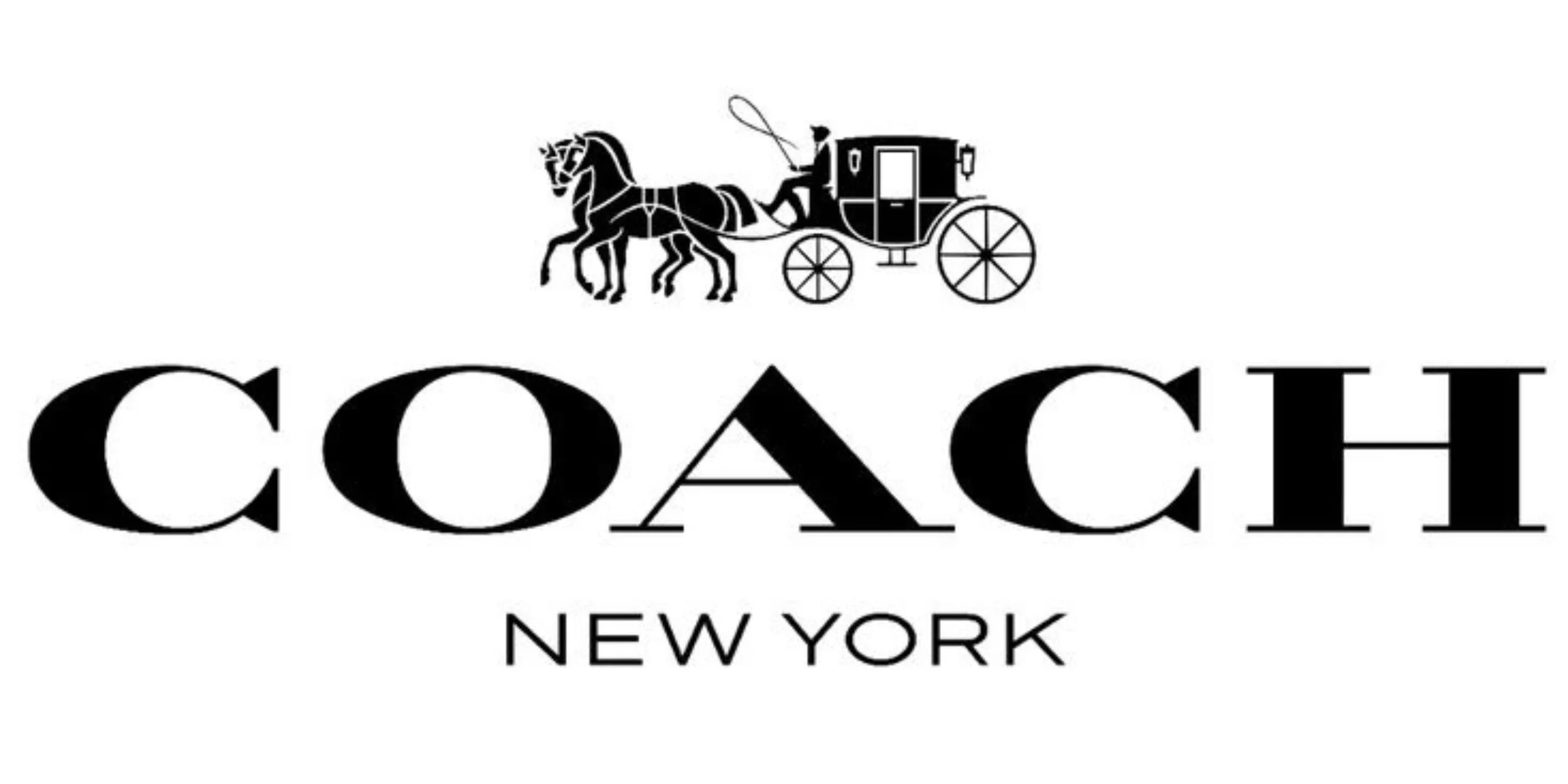 Coach logo featuring a black silhouette of a horse-drawn carriage above the bold serif text COACH and smaller sans-serif text NEW YORK, all set against a white background.