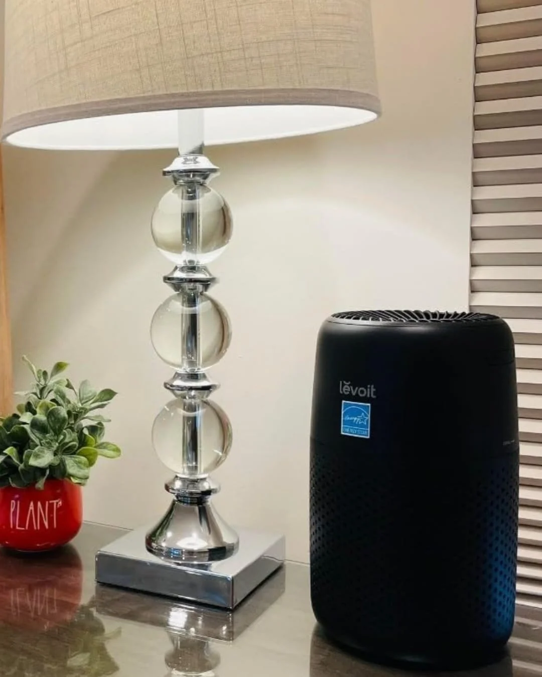 Levoit air purifier on tabletop beside lamp and small red potted plant