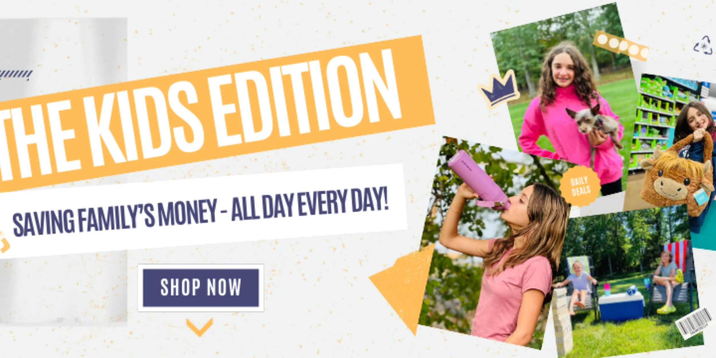 The Kids Edition cover photo featuring bold text on a yellow banner, lifestyle images of children with toys and outdoor gear, and a call-to-action button reading Shop Now on a vibrant, family-friendly design.