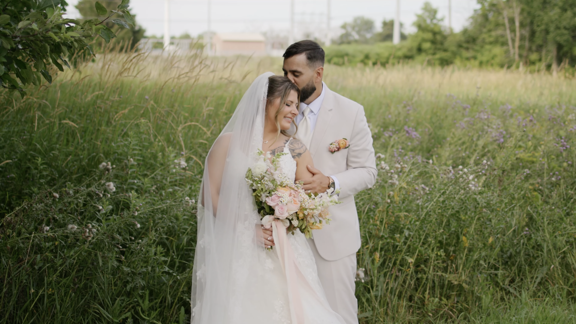 Happy couple in a beautiful Wisconsin wedding venue background