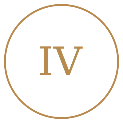 Black circular logo with a gold border and the Roman numeral IV in gold in the center.