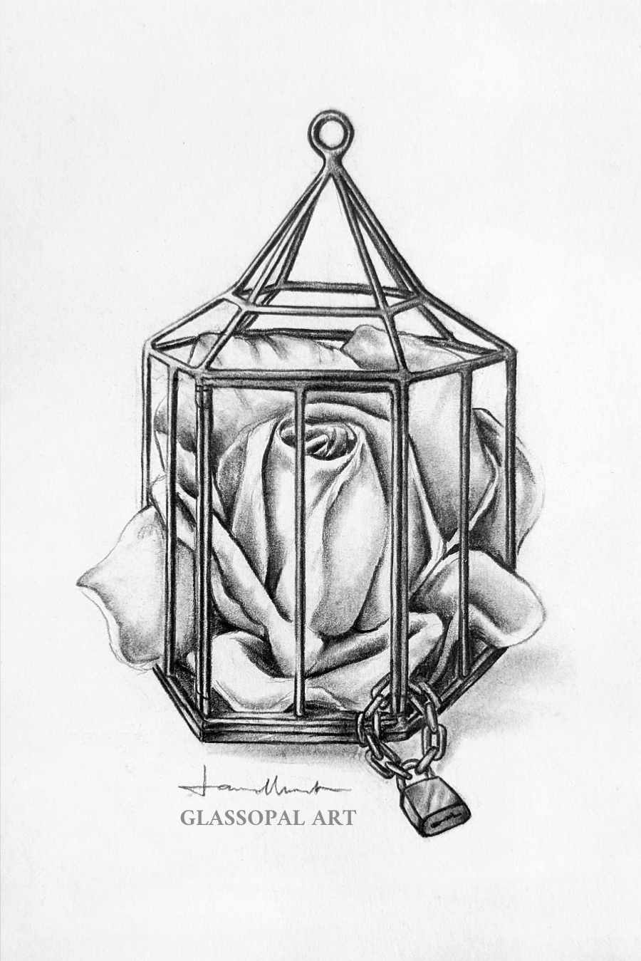 "Caged Rose" - Graphit auf Papier - 15x10cm - 2025