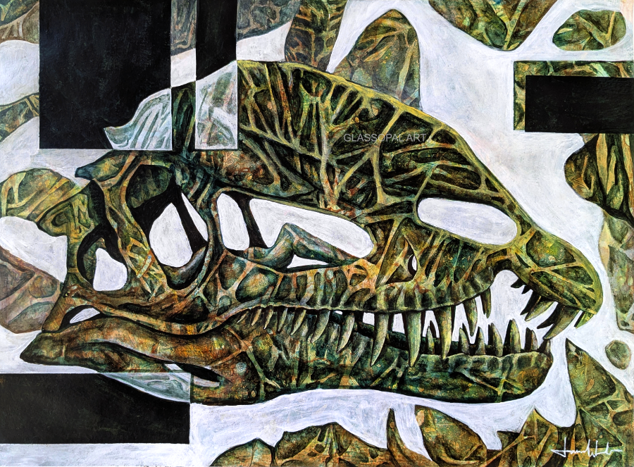 "Prehistoric Journey - Dilophosaurus" - Acryl, Tinte auf Papier - 36cm x 48cm - 2025 - Original 450,-€ - Prints available
