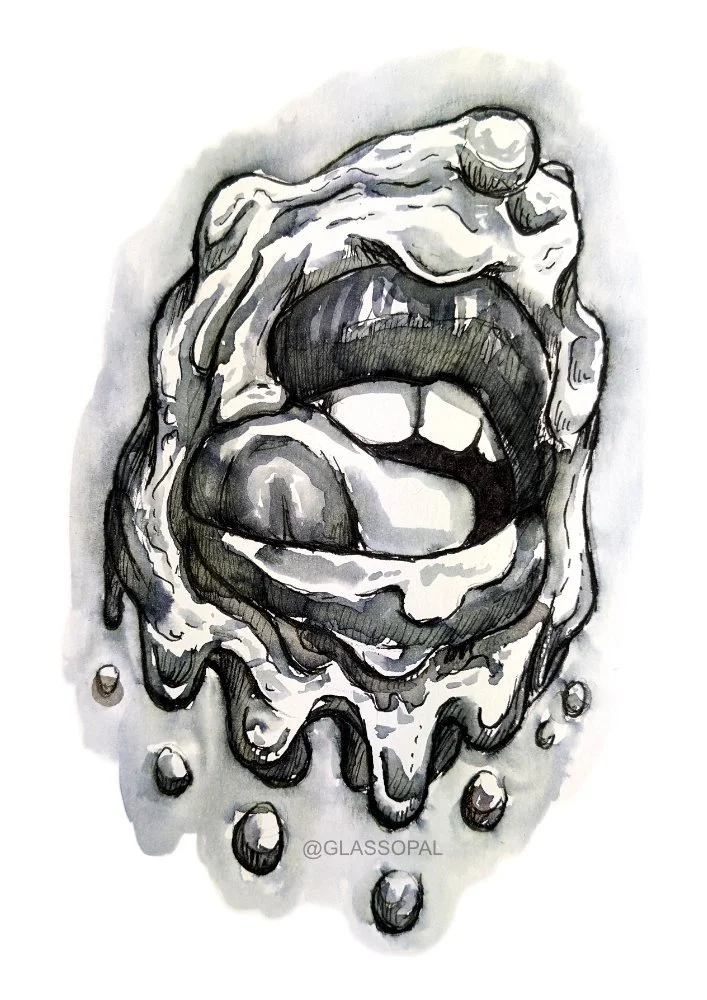 "Drip (Mund Nr.1)" - Tinte auf Papier - 21cm x 13,5cm - 2023 - Original 130,-€ - Prints available