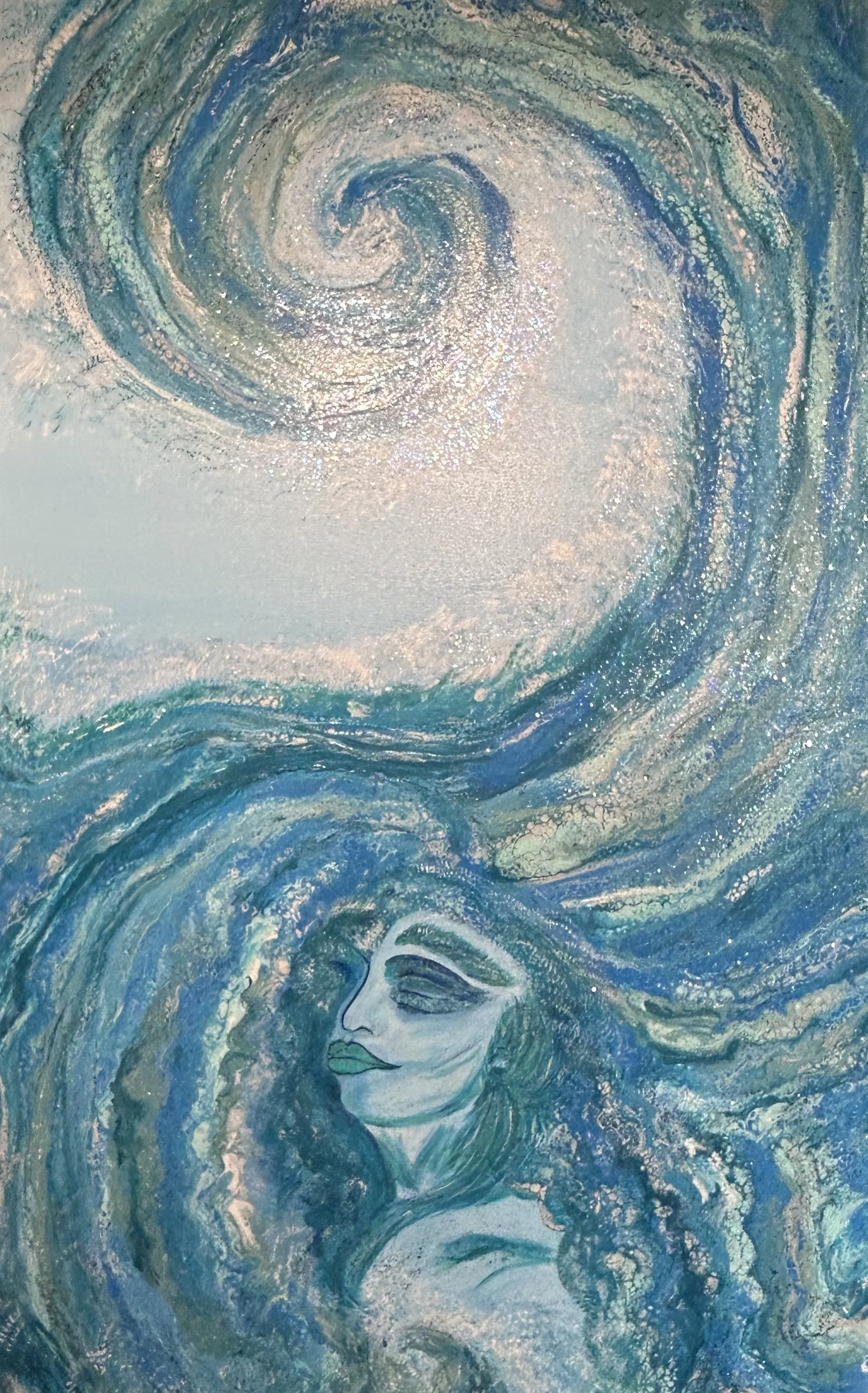 Abstract painting of a woman's face with flowing hair, swirling sky, and shimmering textures in blue, green, and white tones.