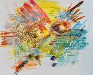 Abstract colorful painting with splash and swirl patterns, featuring hints of fish and underwater themes.