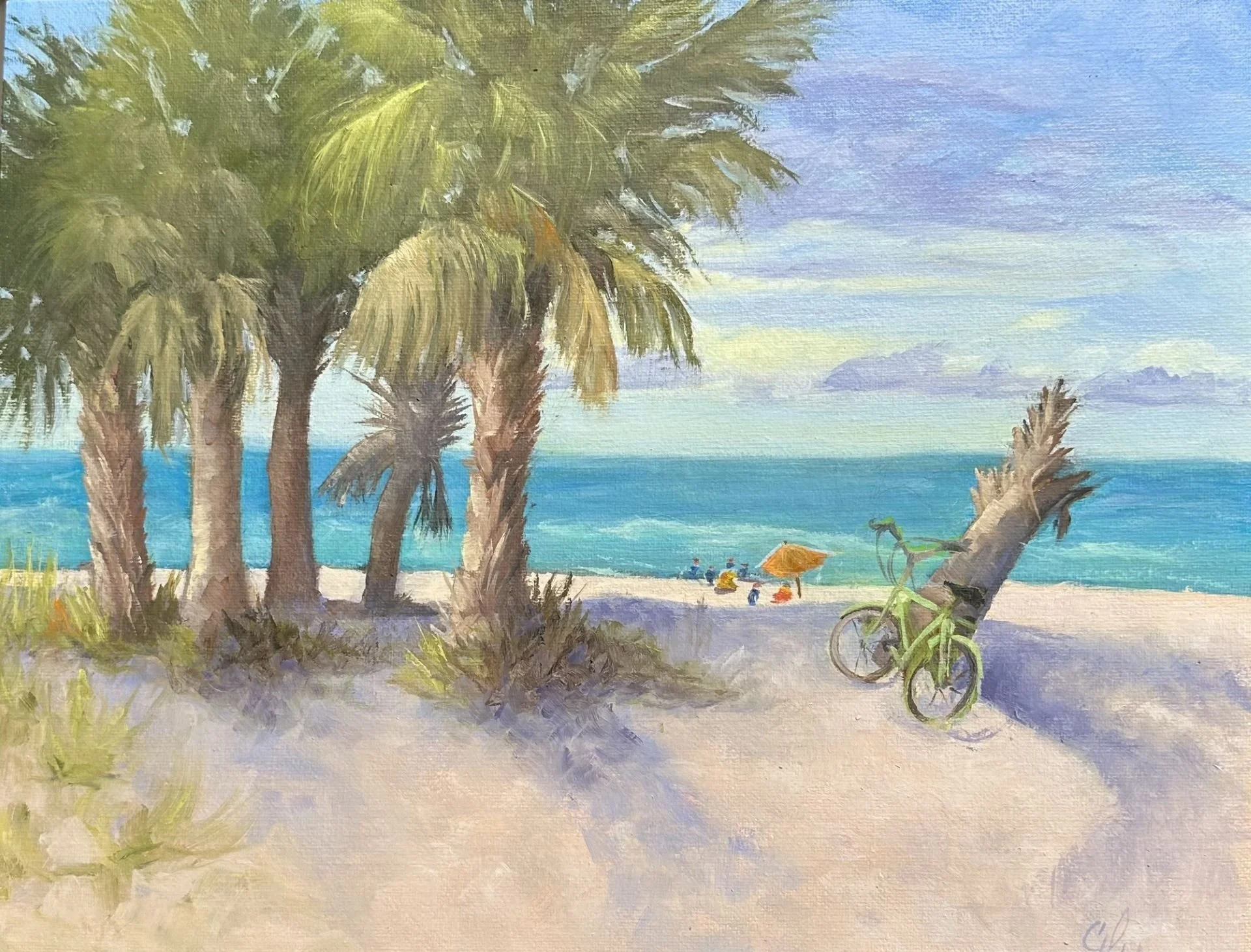 A watercolor painting of a tropical beach scene with several palm trees, a sandy beach, a green bicycle leaning against one of the trees, and an ocean with a few small boats in the background. There are clouds in the sky and some beach umbrellas with people underneath on the shore.