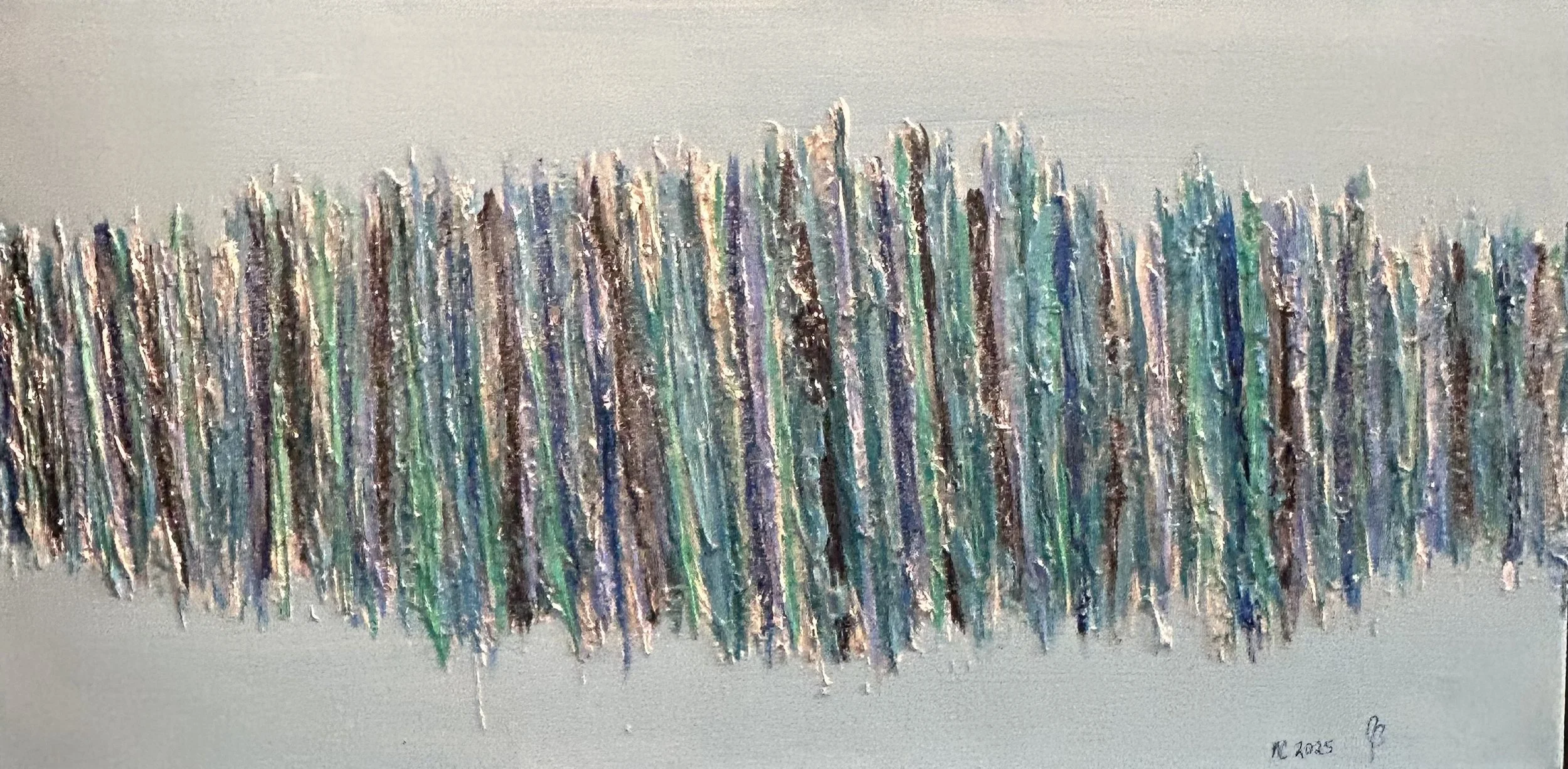 Abstract textured painting with vertical streaks in shades of blue, green, purple, and white on a light background.