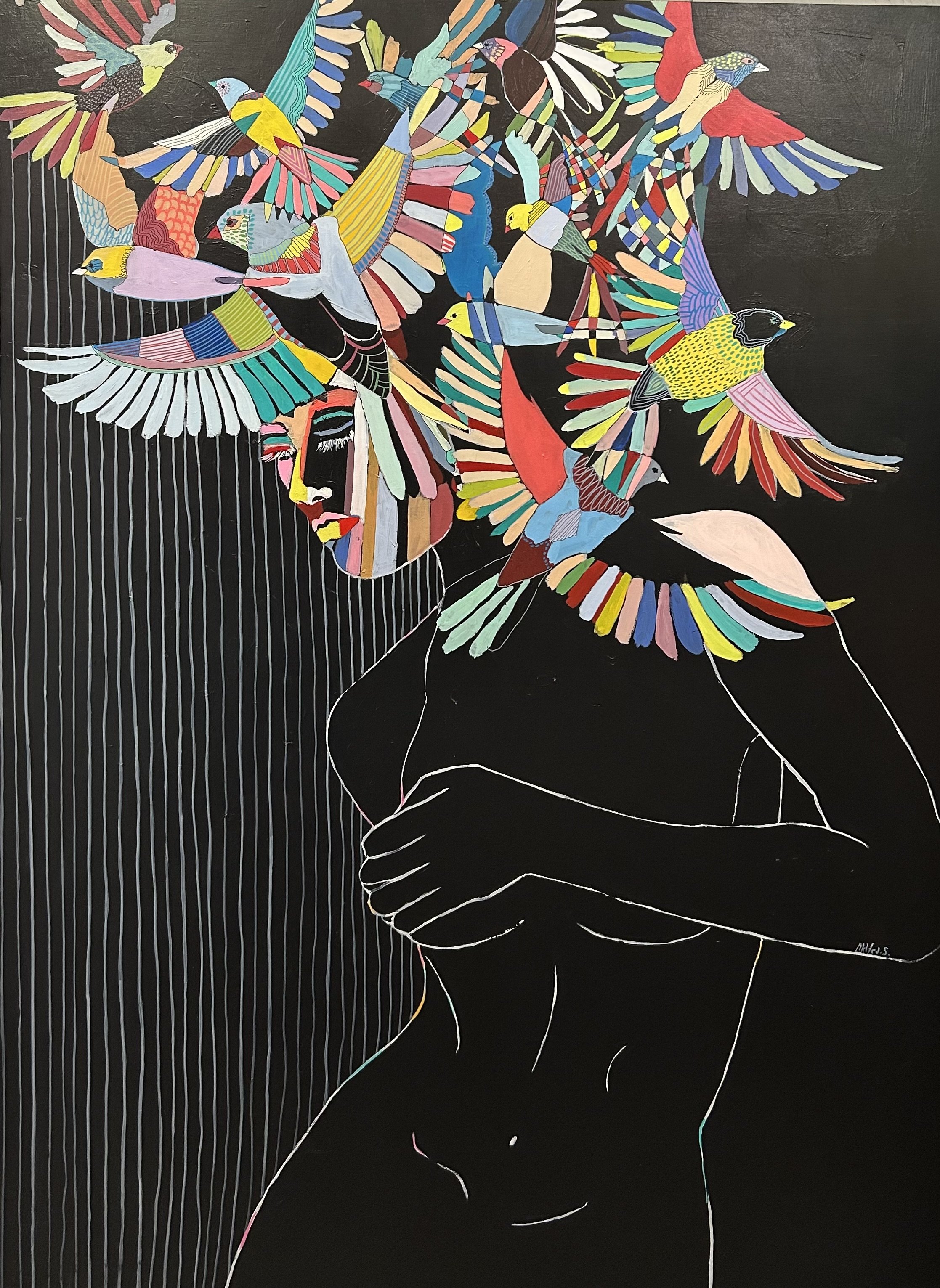 A line drawing of a woman without detailed features, holding her arms crossed over her chest. Her head is replaced with a colorful array of birds in flight, creating a vibrant and abstract headdress against a black background with white vertical lines.
