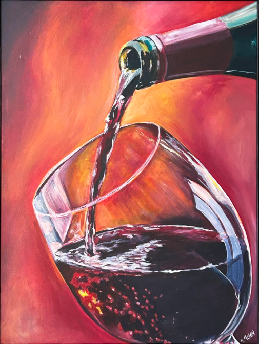 A painting of red wine being poured from a bottle into a wine glass, with a warm red and orange background.