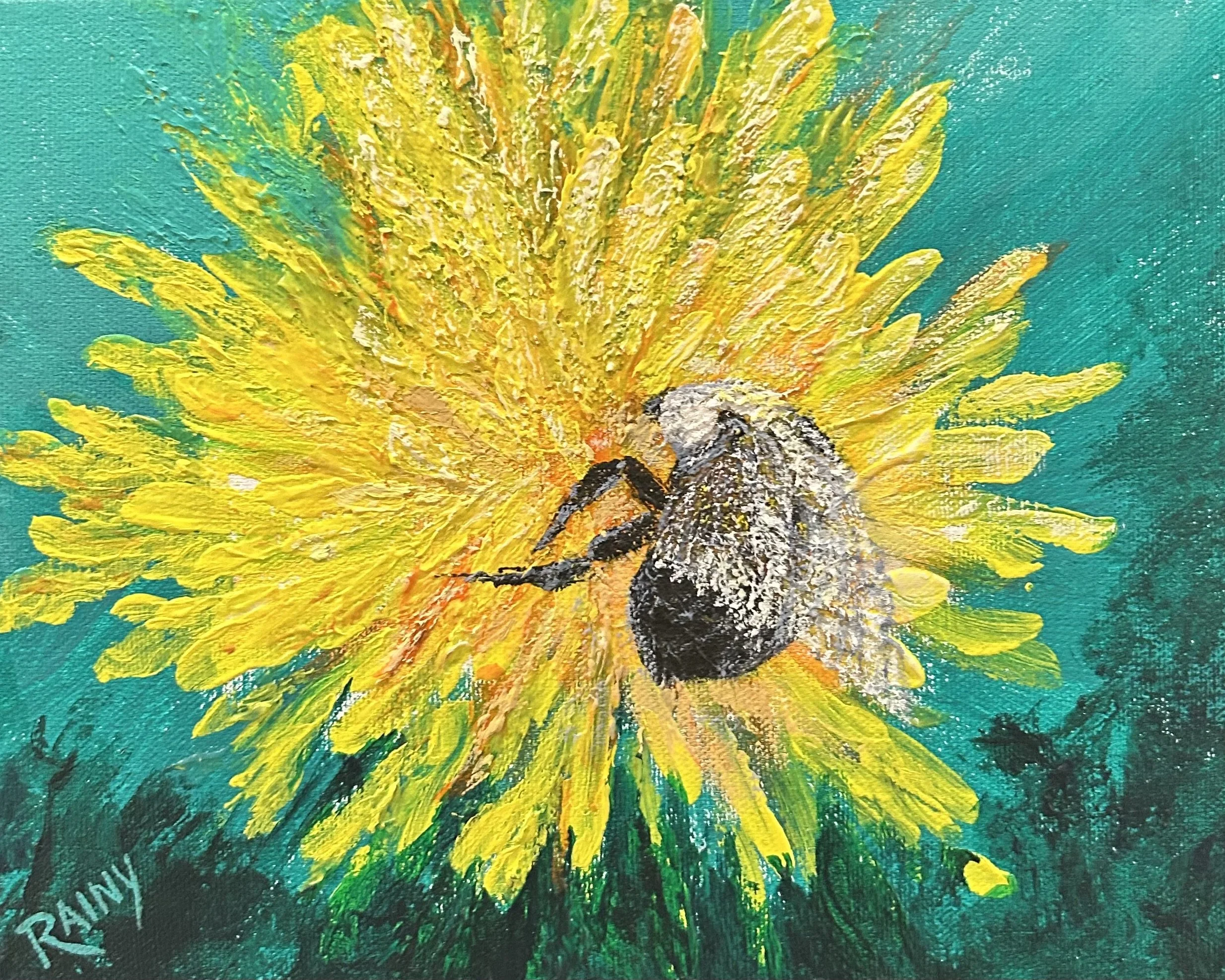 Painting of a honeybee on a yellow dandelion flower, with green background and signature 'RRAWY' in the bottom left corner.