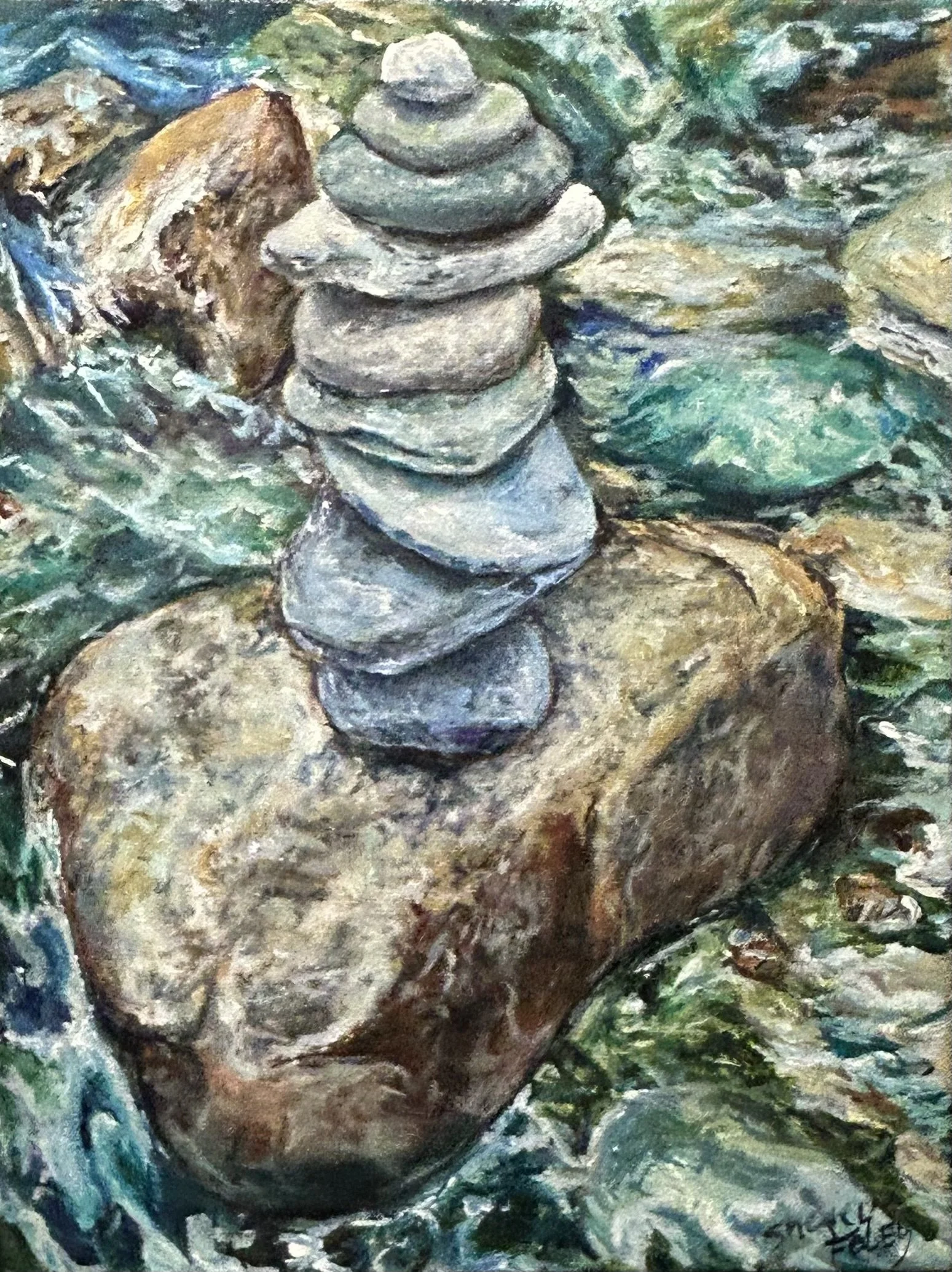 A painting of stacked stones on a large rock in a flowing stream.