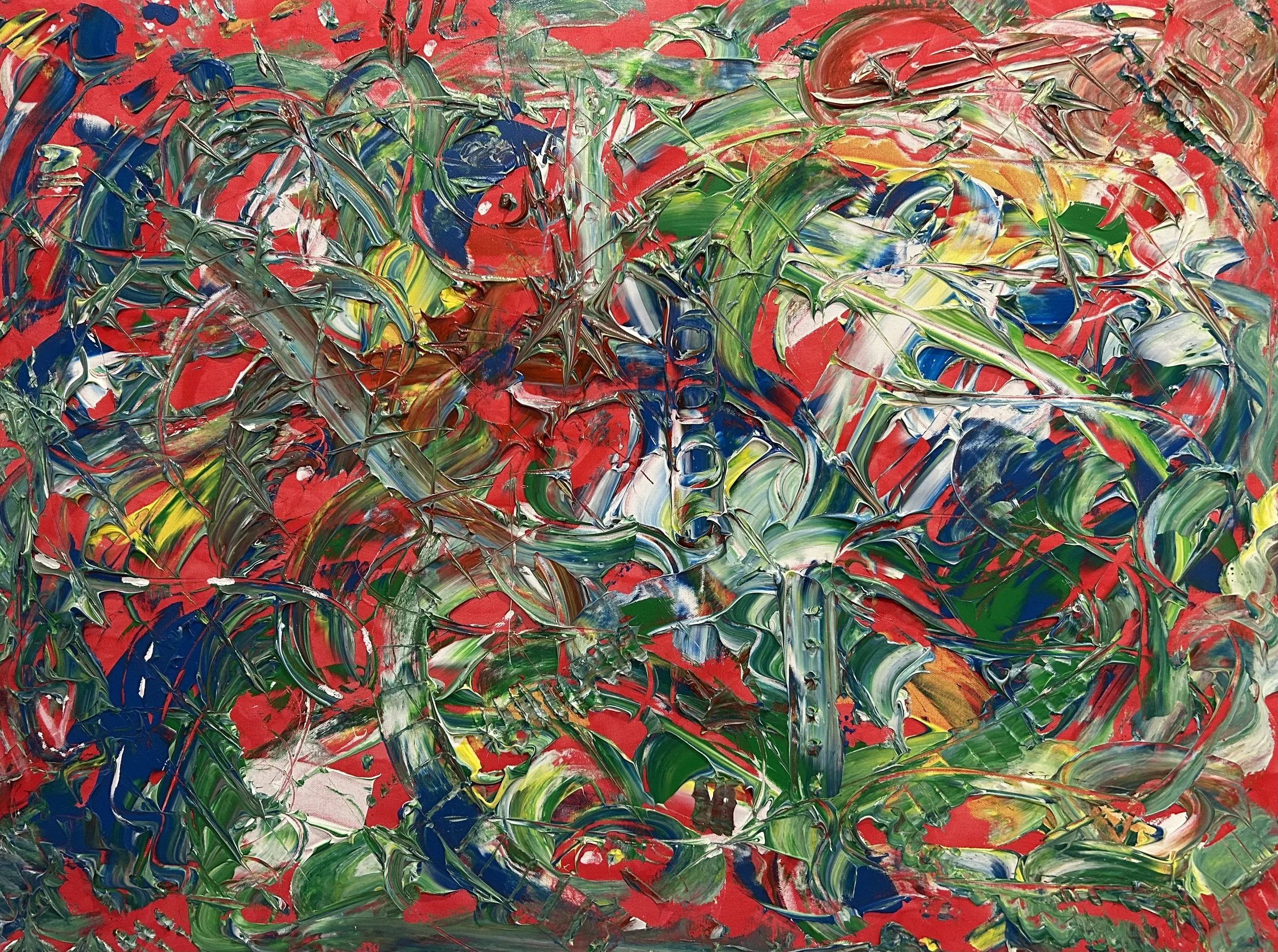 Abstract colorful painting with bold, chaotic strokes of green, red, blue, yellow, and white paint layered and intertwined.