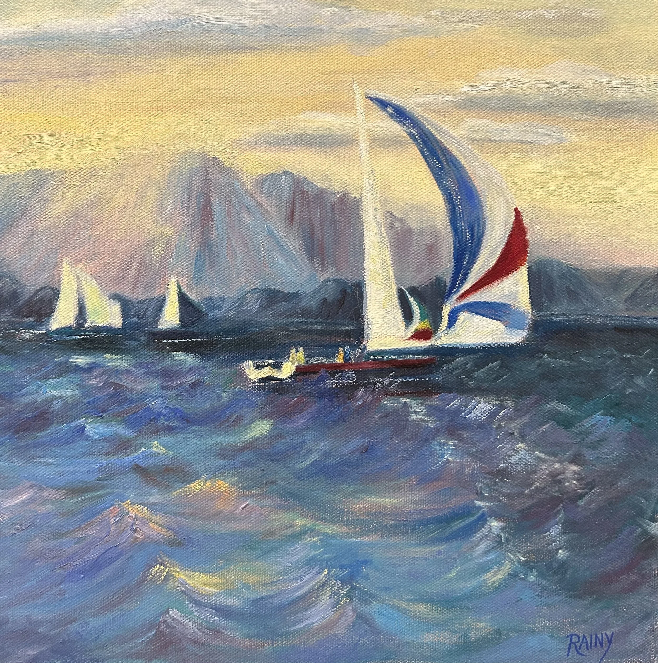 A painting of sailboats on the water with mountains in the background, under a yellow sky.