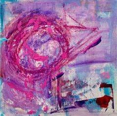 Abstract painting with pink, purple, and blue brushstrokes.