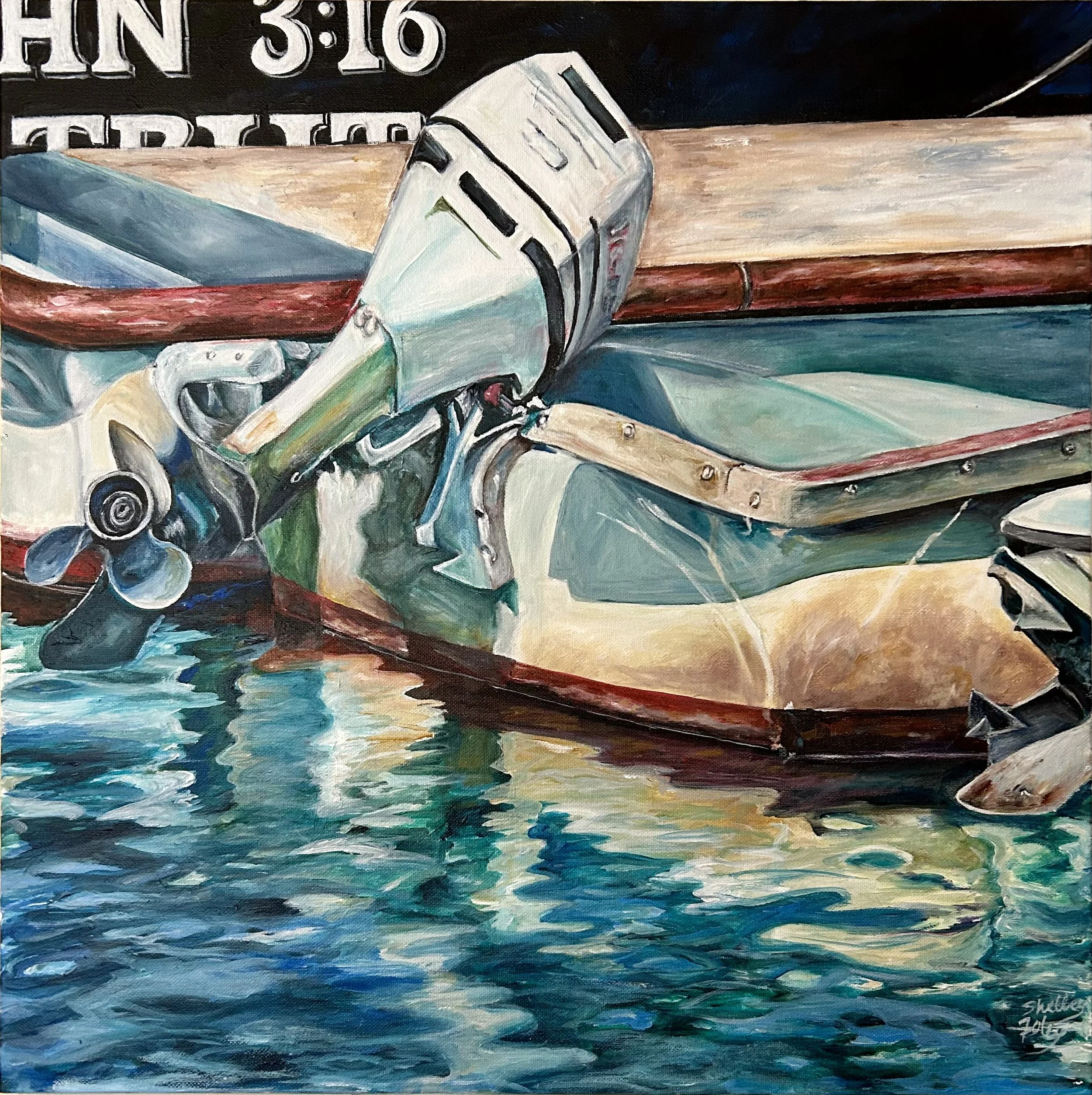 A painting of a boat with an outboard motor floating on water with reflections.