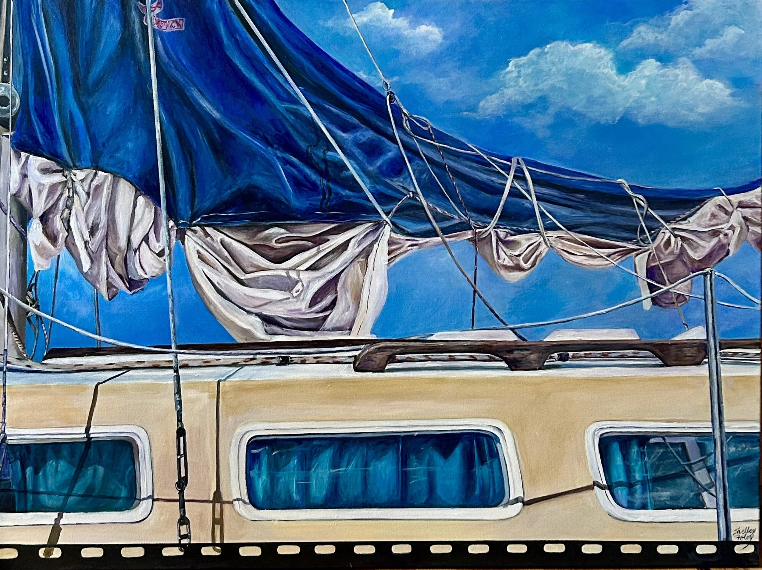 Painting of a sailboat with a blue sail and cloth cover, against a background of a partly cloudy sky, seen from the side.