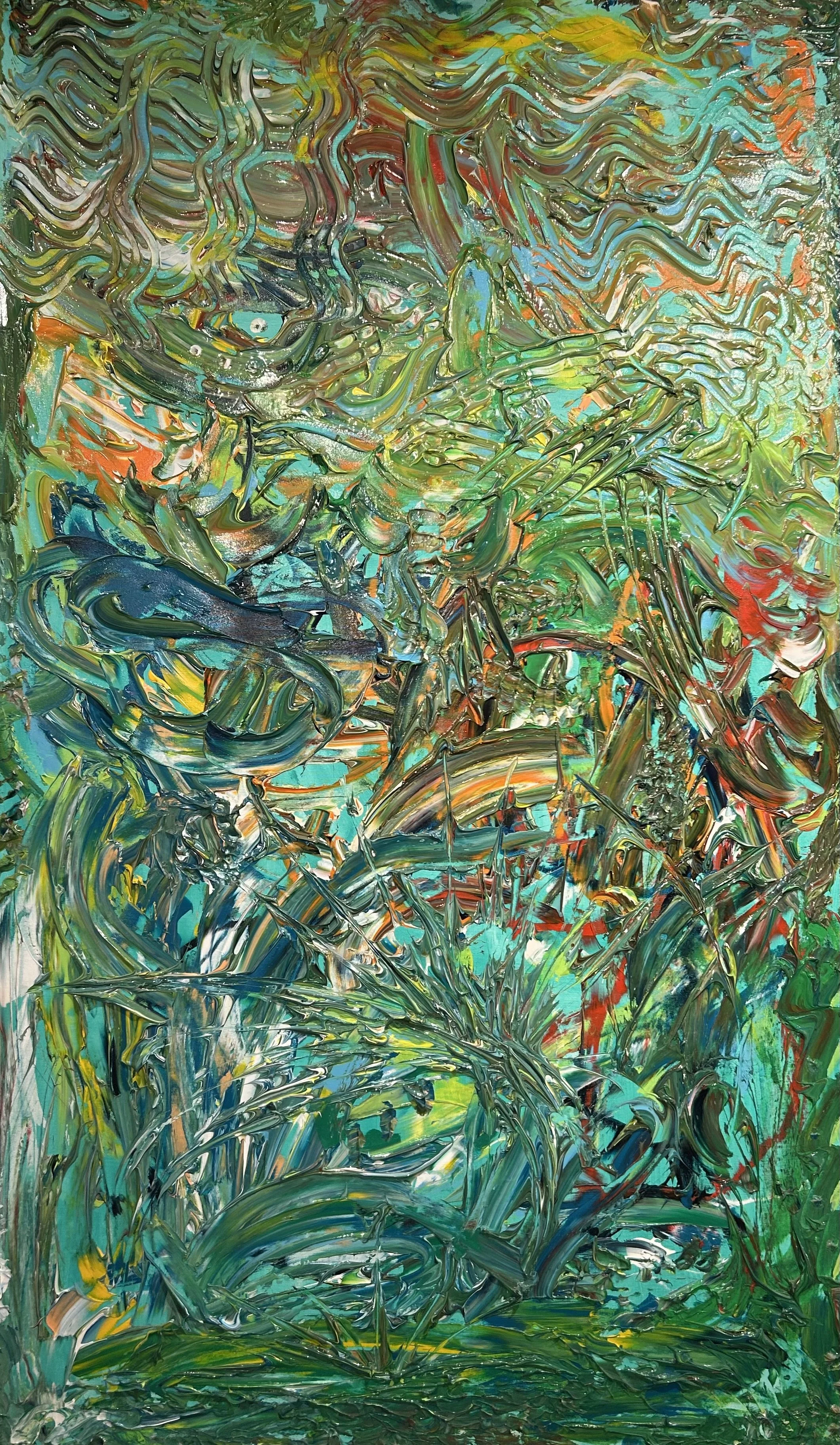 Abstract painting with vibrant green, blue, orange, and yellow swirls and textures.